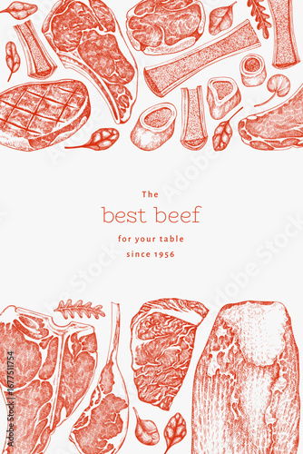 Butchery Shop Design Template. Vector Hand Drawn Meat Banner. Vintage Style Bar B Q Menu Illustration.