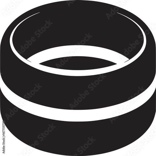A black and white graphic of a cylindrical object with a white stripe around the middle on white background