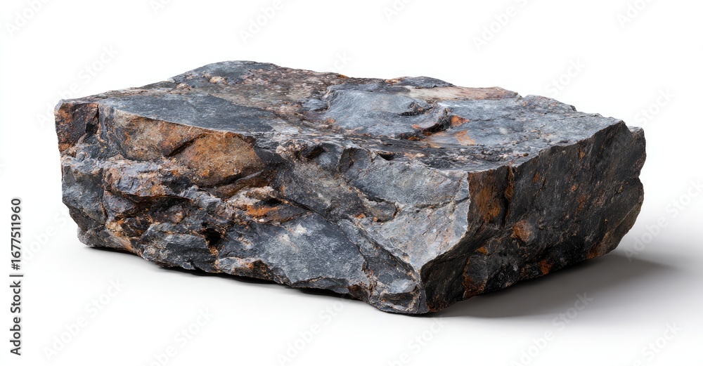 Fototapeta premium Rough, dark stone block on white