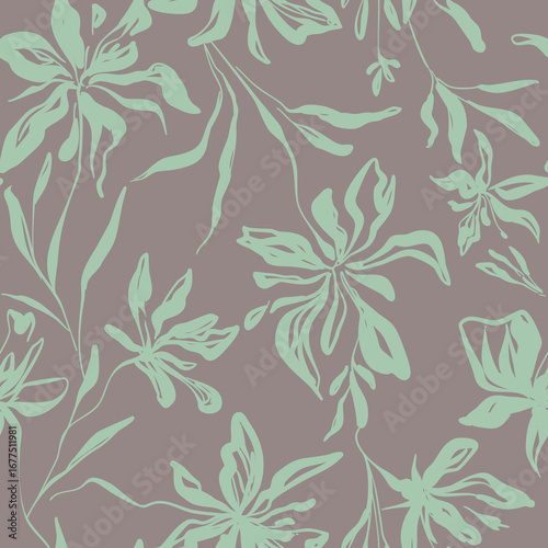 Seamless flat trendy linear floral vector vintage ink retro style. Branches leaves elements grass pattern with handmade pattern for decoration, textiles, postcards, print design on brown background