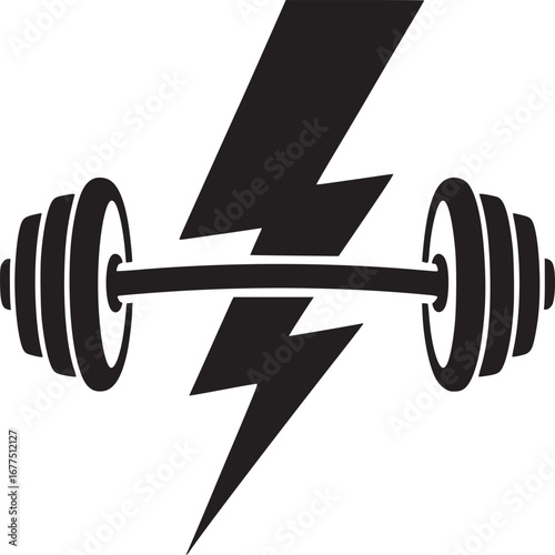 A black and white illustration of a barbell intersected by a lightning bolt on a white background