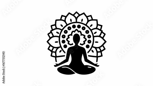 Silhouette of a person meditating in lotus position with a mandala background in black and white style