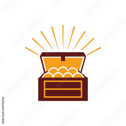 Open treasure chest overflowing with gold coins radiating yellow light vector