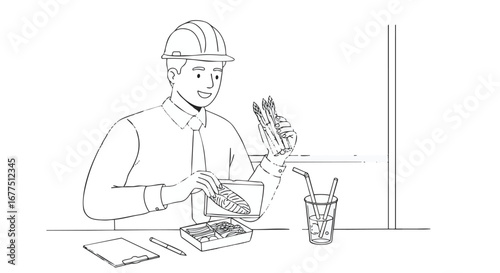 A cheerful engineer in a white hard hat enjoys a packed pasta lunch from a container at his desk during a well-deserved break