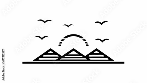Minimalist illustration of pyramids with birds flying and a sun with horizontal lines at sunrise silhouette