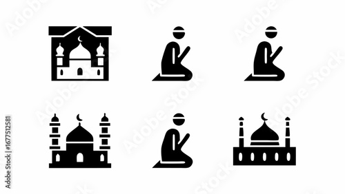 Illustration showing islamic prayer and mosques in a simple black and white vector design style art silhouette