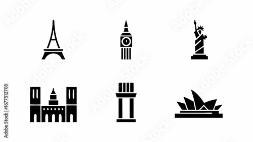 Illustration showcasing iconic landmarks from around the world in a simple black silhouette style design