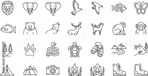 Set of wildlife, nature, and camping line art icons. A collection of vector symbols for outdoor adventure and travel themes