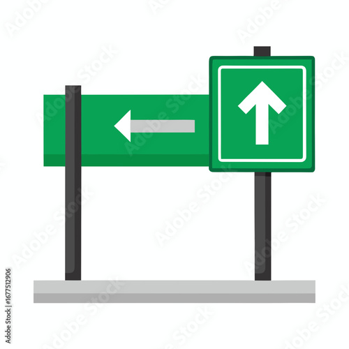 Green road signs indicating straight ahead and left turn directions