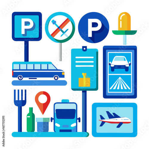 Collection of transportation and parking signs with vehicles and amenities