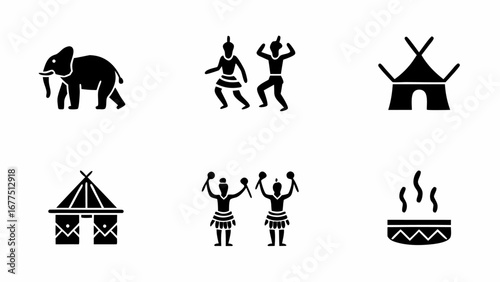 Depiction of african culture elements including elephant dancers tents and a ceremonial fire display silhouette