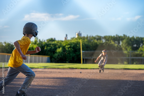 Photography Kids playing baseball at a sunny field during late afternoon with focus on base