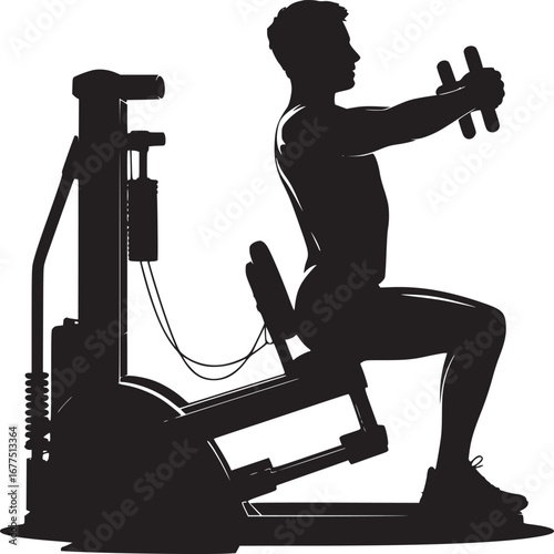 Silhouette of man using chest press machine at the gym in black and white workout fitness exercise