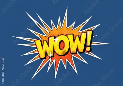 Comic WOW Expression with Burst, Halftone Pattern on a Vivid Blue Background