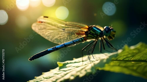 A vibrant dragonfly rests on a lush green leaf, bathed in the golden light of dawn.