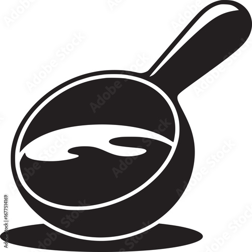 A black and white graphic illustration of a ladle filled with liquid on a white background space
