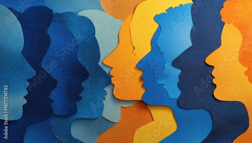 Abstract layered profiles in shades of blue and orange, suggesting community, diversity, or conversation