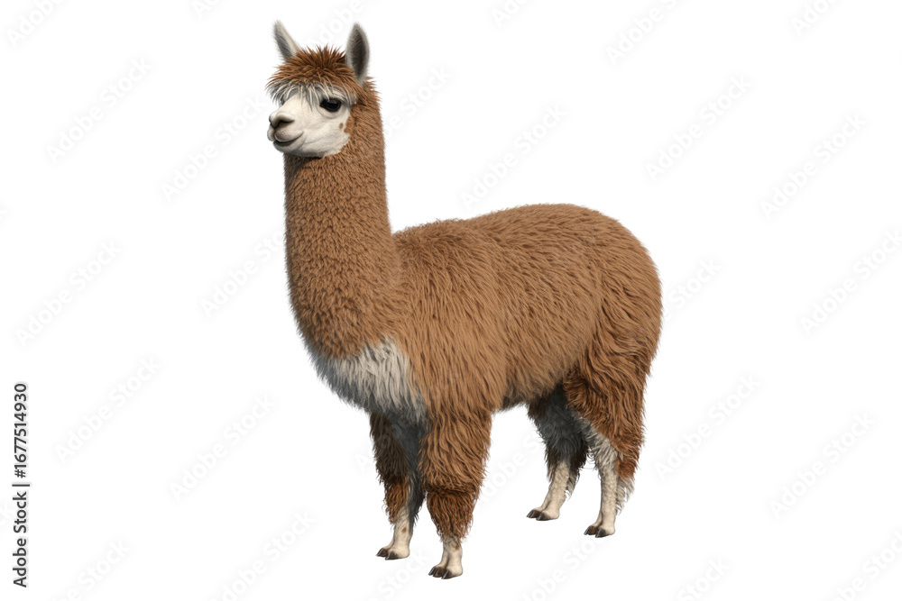Fototapeta premium A fluffy brown alpaca stands against a transparent background, showcasing its soft, luxurious coat. background removed