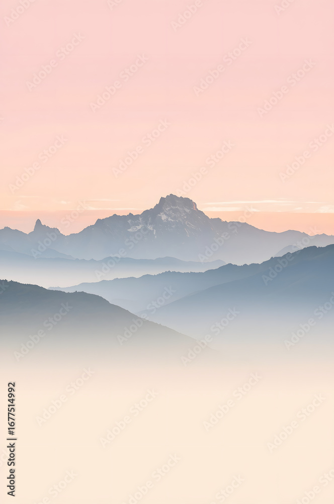 Obraz premium Serene mountain landscape at sunrise with pastel sky and misty layers