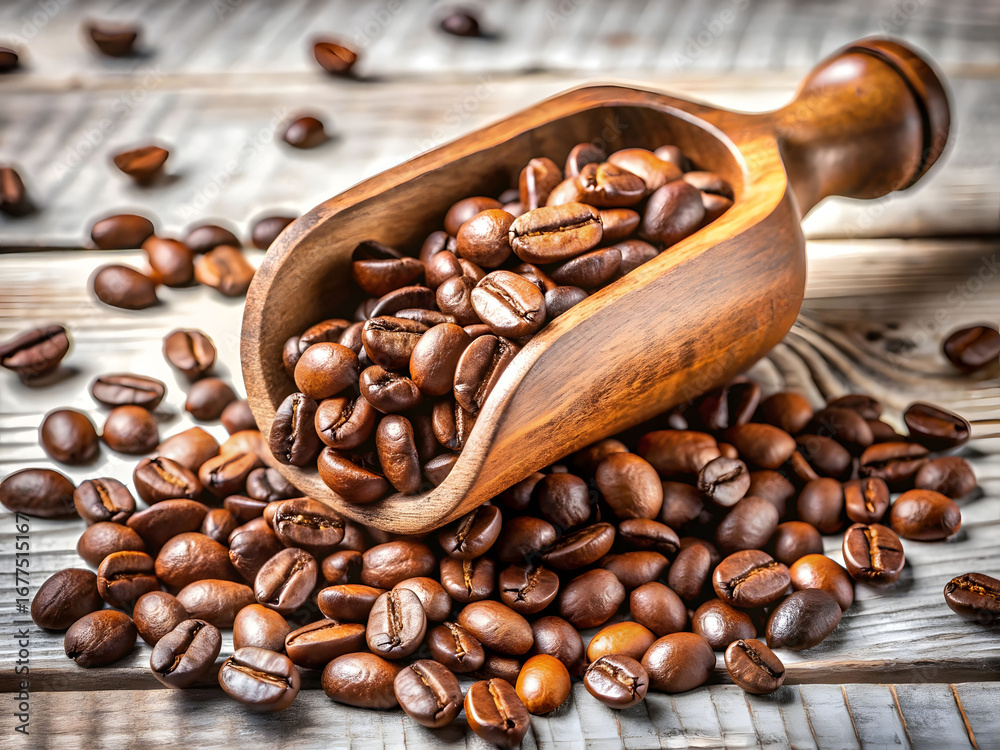 Fototapeta premium Elegant Blue Bow Tie with Coffee Beans on Mahogany Surface in Warm Inviting Glow