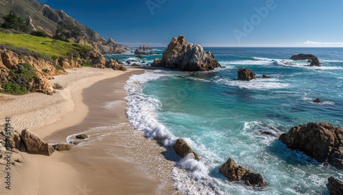 Secluded cove with pale sand, turquoise water, crashing waves, and rugged coastal rock formations under a clear blue sky