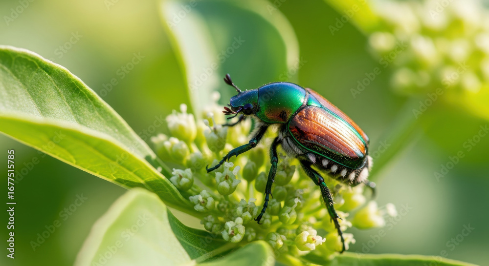 Naklejka premium Close up of a japanese beetle on a flowering plant with green leaves in a natural outdoor setting