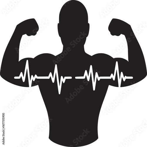 Silhouette of a muscular man flexing with a heartbeat line across the chest on a white background