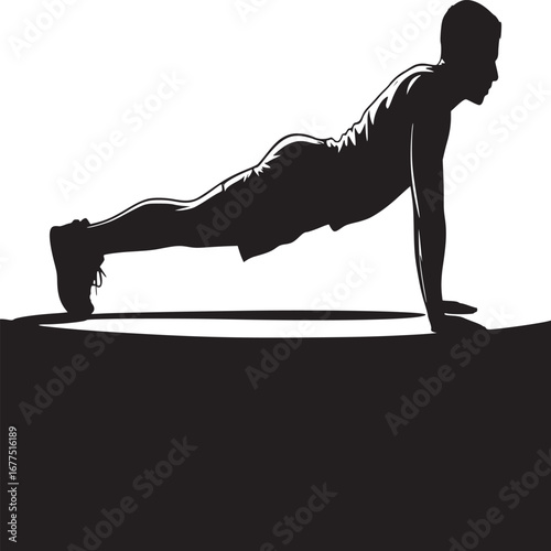 Silhouette of a man doing a push up exercise against a white background in a fitness setting