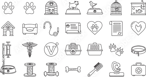 Veterinary icons and symbols for animal care, pet health, and medical services, representing dogs, cats, and other animals