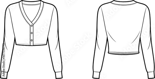 Cropped cardigan, long sleeve, fashion illustration, technical sketch, front view, back view, garment design, apparel template, V-neck, button closure, wrist  
