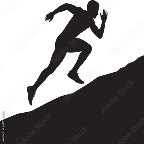 Silhouette of a man running uphill against a white background in a black and white image format