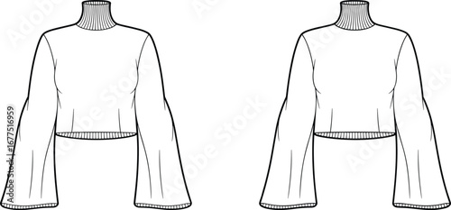 Fashion sketch, cropped top, long sleeve, mock neck, technical drawing, garment design, wide sleeve, silhouette, apparel template, pattern draft, fashion  