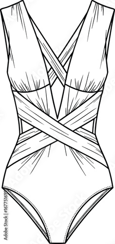 One-piece swimsuit sketch, fashion technical drawing, wrap design, deep V-neckline, ruched detail, wide straps, garment construction, apparel template, clothing vector 