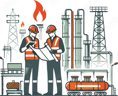 Two Engineers Reviewing Blueprint at Oil Refinery with Flaming Flare Stack