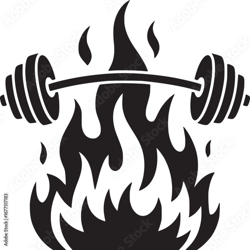Silhouette of a barbell engulfed in flames against a white background in a stylized graphic design