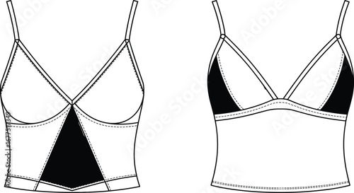 Women's camisole top, fashion illustration, technical sketch, princess seams, contrast panels, garment design, sewing pattern, apparel template, clothing mockup, side view, front view 