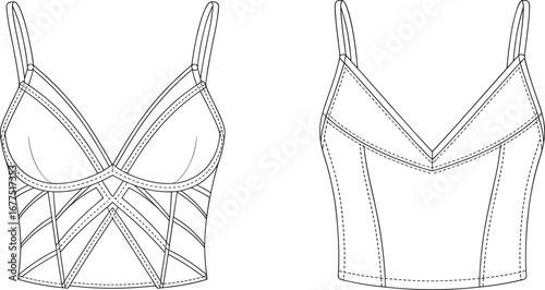 Women's cropped top, fashion sketch, technical drawing, garment design, V-neckline, seam detail, apparel template, front back view, structured bodice, sewing pattern, fashion illustration, clothing  
