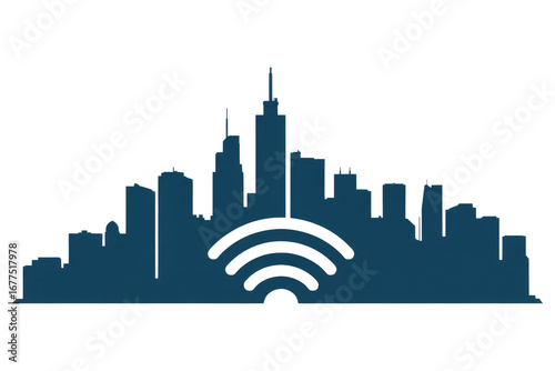 A stylized cityscape silhouette with a Wi-Fi symbol, representing smart city technology. background removed