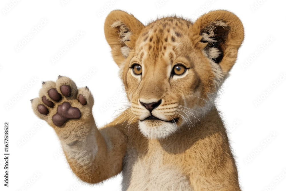 Fototapeta premium Adorable lion cub with paw raised, transparent background, perfect for various uses. background removed
