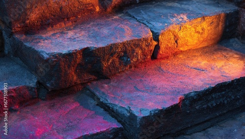 Illuminated stone steps, textured surface, vibrant hues of orange, pink, and purple light cast dramatic shadows, creating a visually striking contrast of color and depth