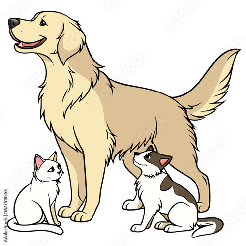 A cartoon-style vector illustration of a golden retriever dog standing confidently, accompanied by two adorable cats — one white and one brown-white — sitting calmly beside it. Clean white background,