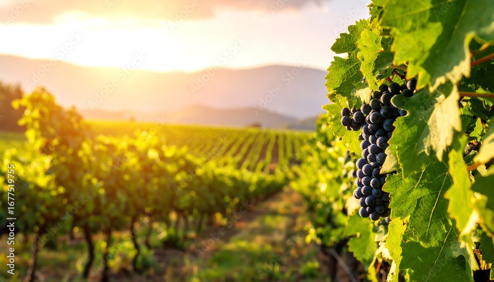 Fototapeta premium Lush vineyard rows display a cluster of ripe, dark grapes at sunset.