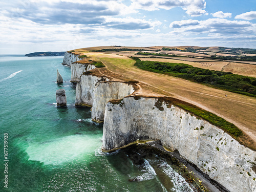 White Cliffs of Old Harry Rocks Jurassic Coast from a drone, Handfast Point, Dorset Coast, Poole, Dorset, England