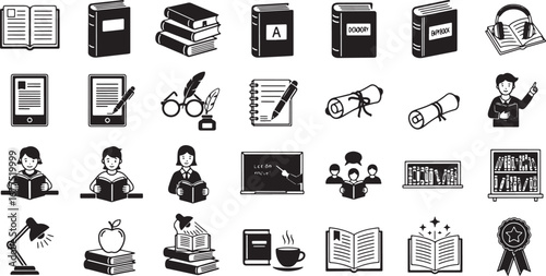 Collection of black and white icons representing books, reading, learning, and education, perfect for websites, apps, and design projects
