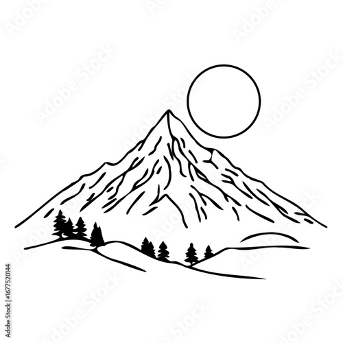 Fuji volcano peak with snow and a tree in the winter landscape of Japan