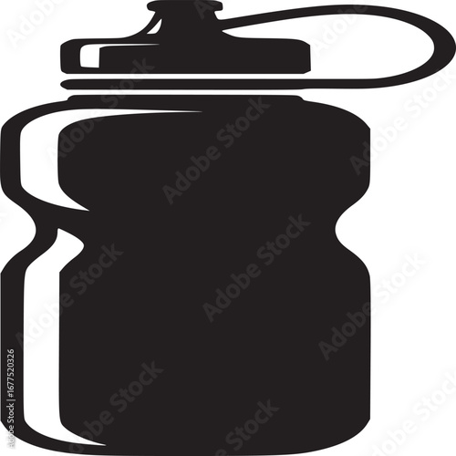 A black and white graphic illustration of a reusable water bottle with a simple design and clean lines