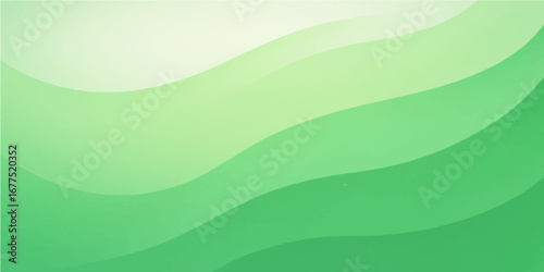 Abstract green landscape illustration of hills and waves under a blue sky with clouds