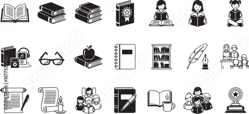 Monochrome vector icon collection for school, library, and educational themes, including books, reading, and writing symbols