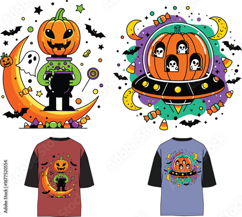 Cute Halloween T-Shirt Design Set: Cosmic Pumpkin UFO and Retro Jack o' Lantern on Moon