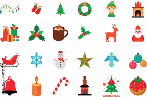 Christmas, New Year holidays icon big set,  delightful collection of vibrant festive vector illustrations, ideal for crafting engaging winter designs, seasonal greetings,